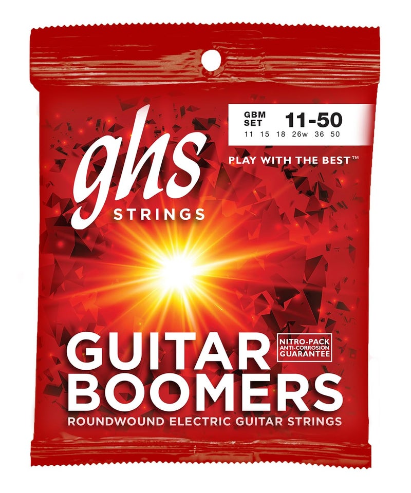 GHS Strings, GBM Boomers, Nickel Plated Steel Electric Guitar Strings, Legendary Strength, Consistent Intonation, Unrivaled Sustain, Long Lasting Brightness & Tone. For 6-String Guitar 11-50 Med Gauge - Image 1